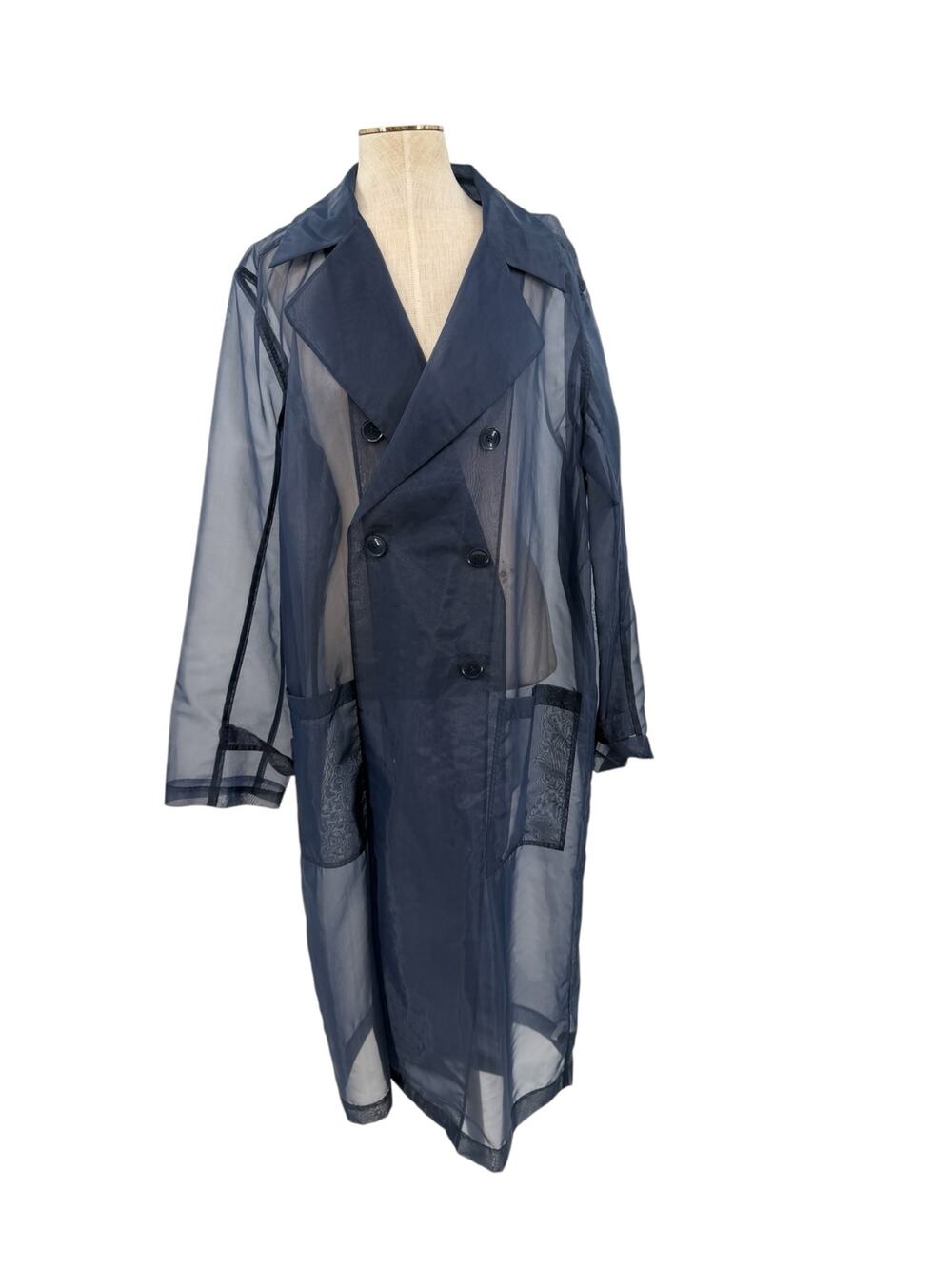 Good American Sheer Organza Trench Coat Navy Blue Double Breasted Duster Size 4